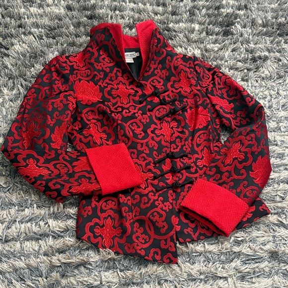 100% Silk Asian Traditional Chic Asymmetric Design Red Women's Blazer, Size XS - Picture 5 of 8